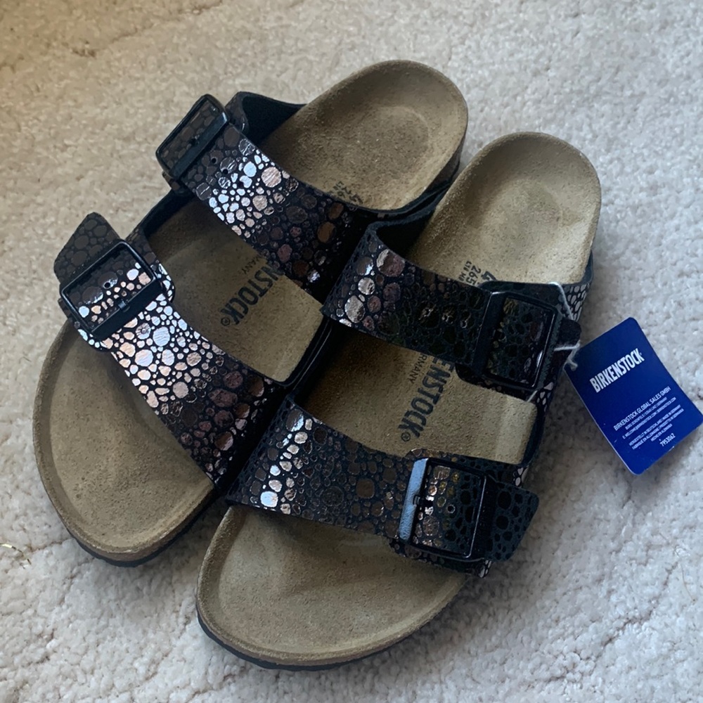 🆕 Birkenstock Arizona Sandal Black Metallic Stone Suede Footbed, Size 41 EU